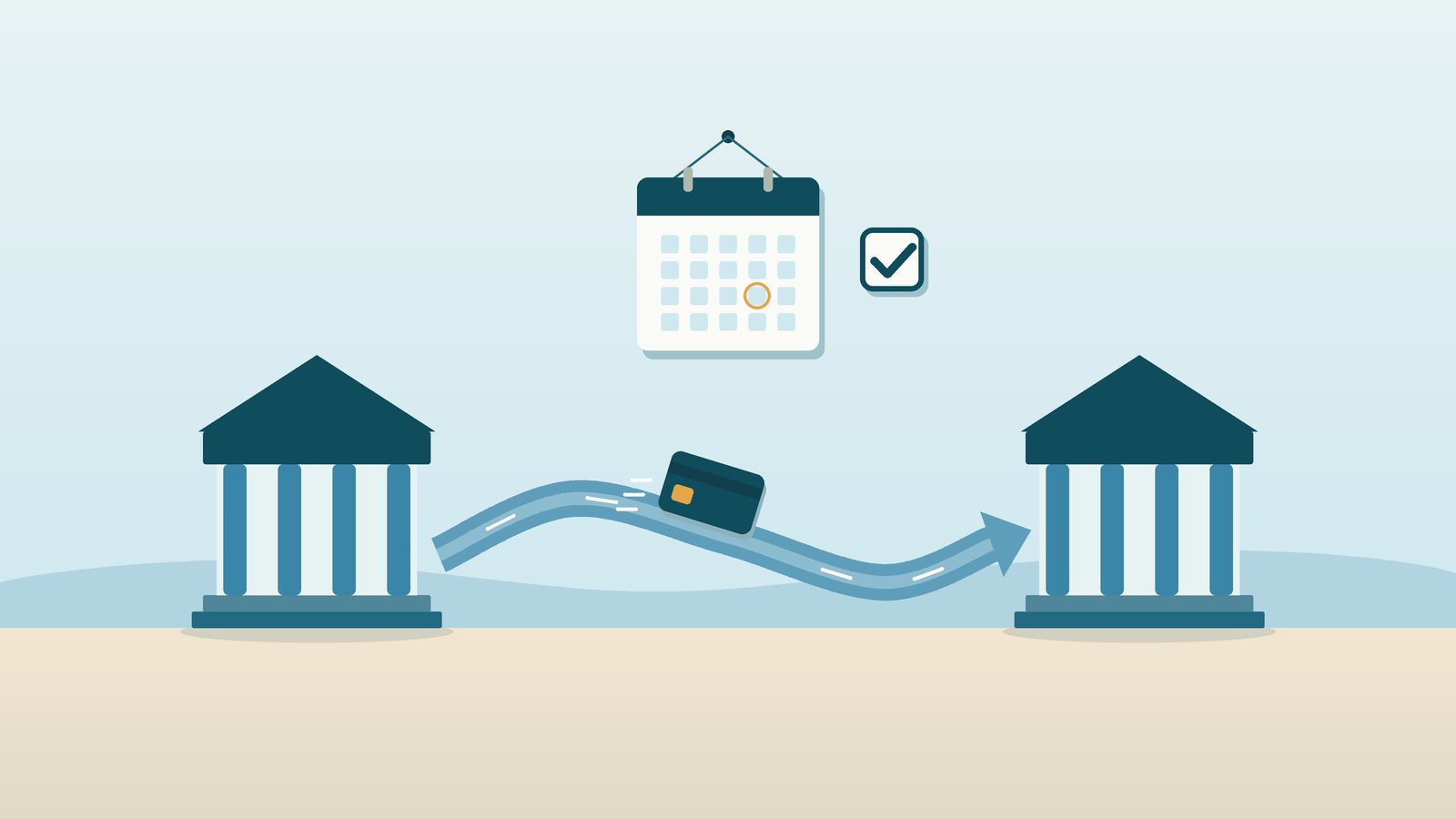 Two simple bank buildings linked by curved arrows, with a small calendar between them