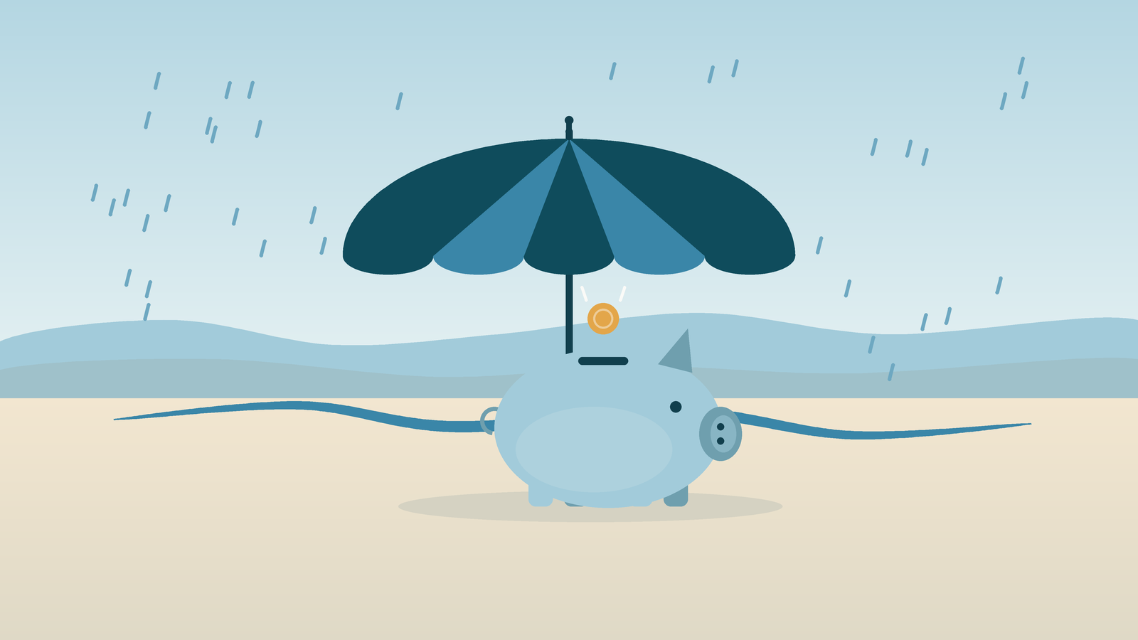 A small piggy bank sheltered under an open umbrella while light rain falls around it