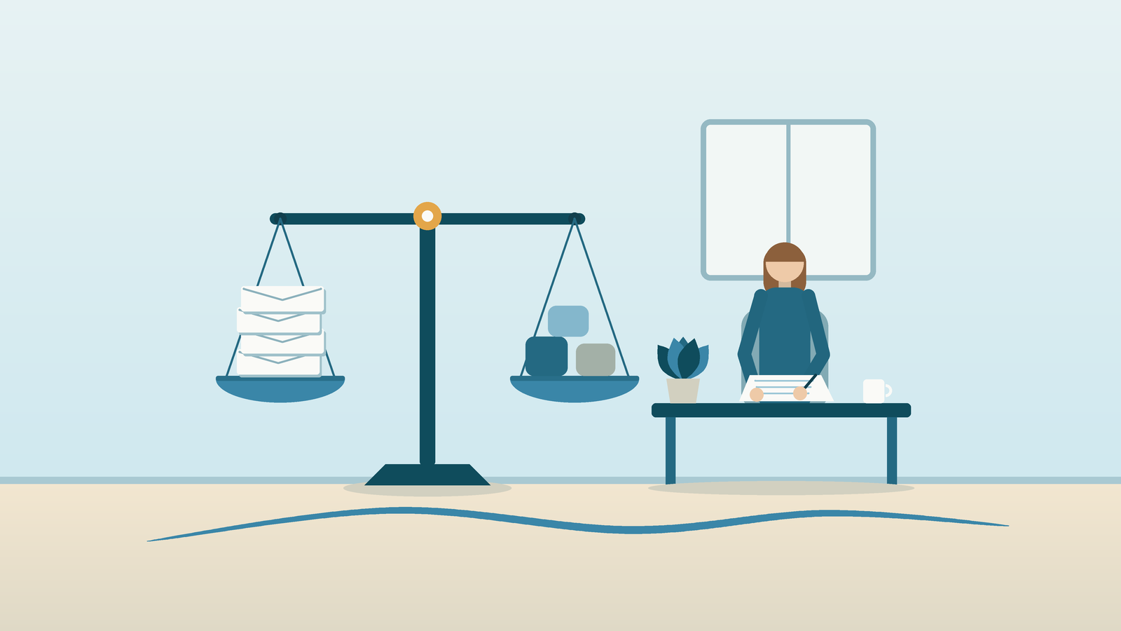A balance scale with an income symbol on one side and a stack of bills on the other, gently level