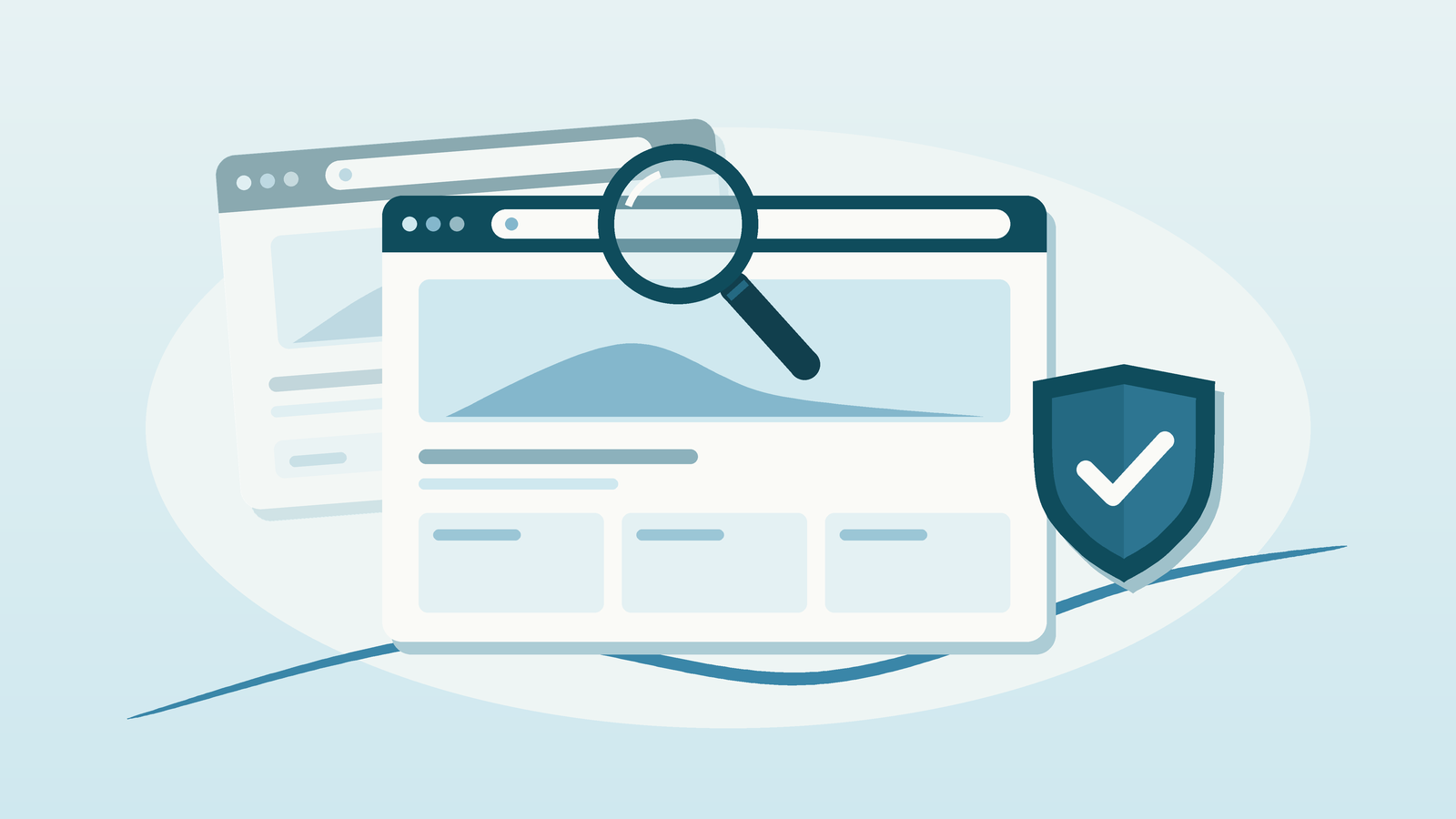 A magnifying glass hovering over a browser address bar next to a simple shield icon