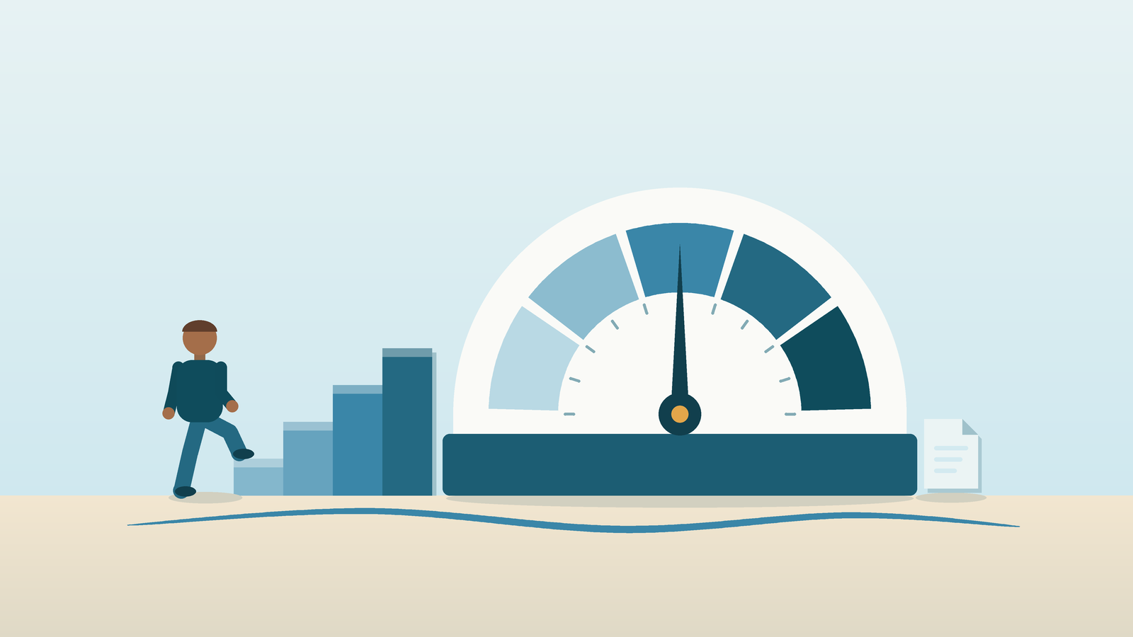 A semicircle credit gauge beside a staircase of simple steps rising toward it