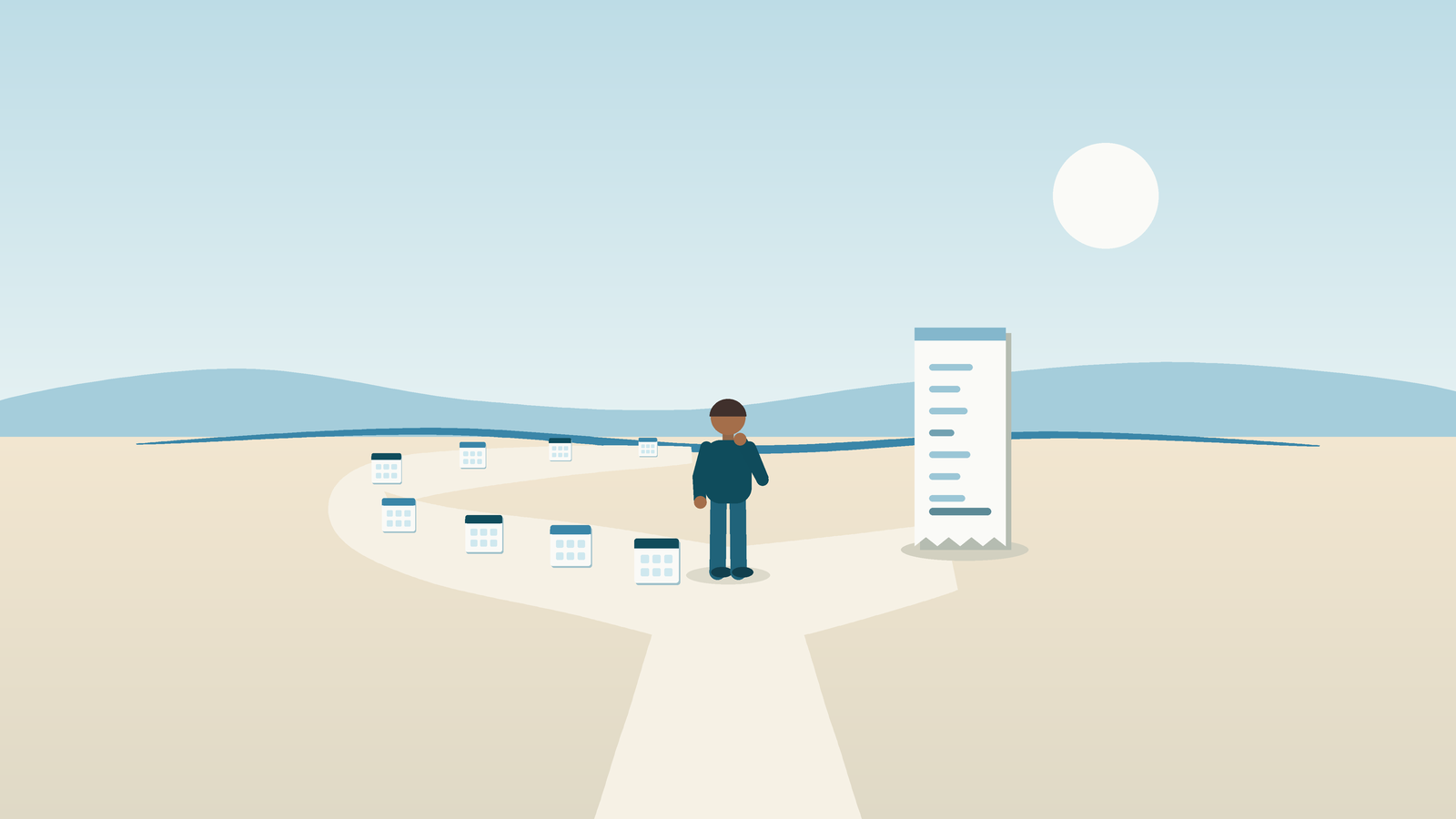 A calm road splits in two, one path leading to a long payment calendar and the other to a single receipt